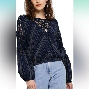 NWT FREE PEOPLE floating memories top navy blue lace